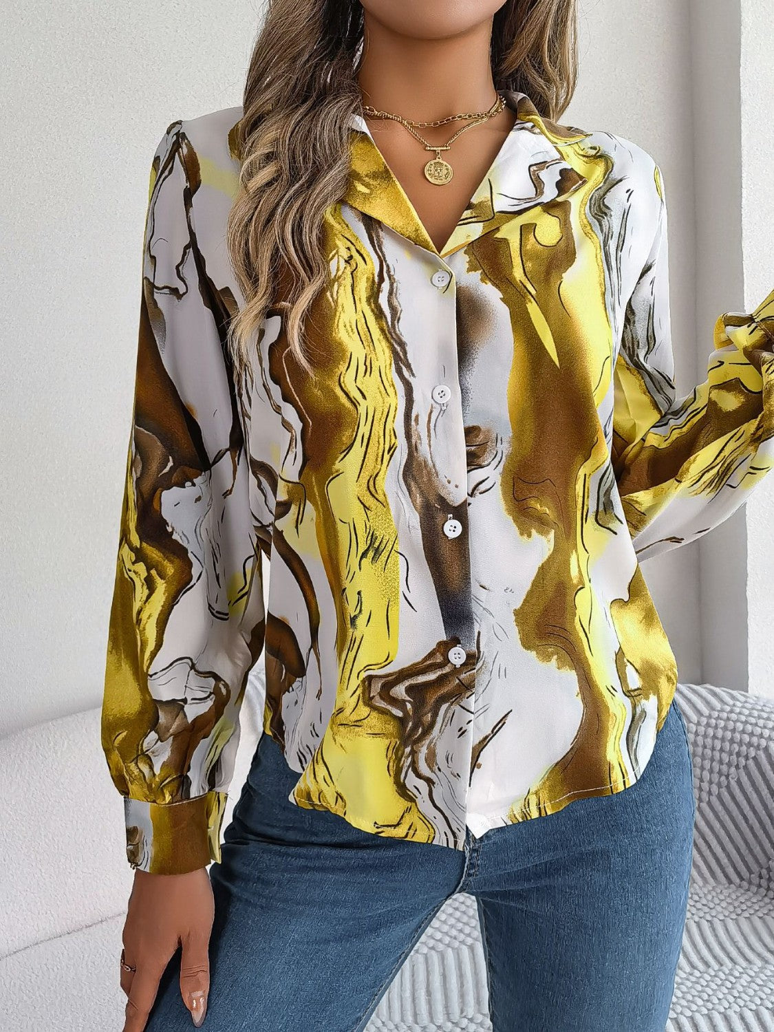 Printed Button Up Long Sleeve Shirt - Thandynie