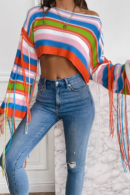 Fringe Striped Round Neck Knit Top Orange-Red