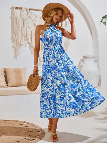 Smocked Printed Sleeveless Midi Dress Blue