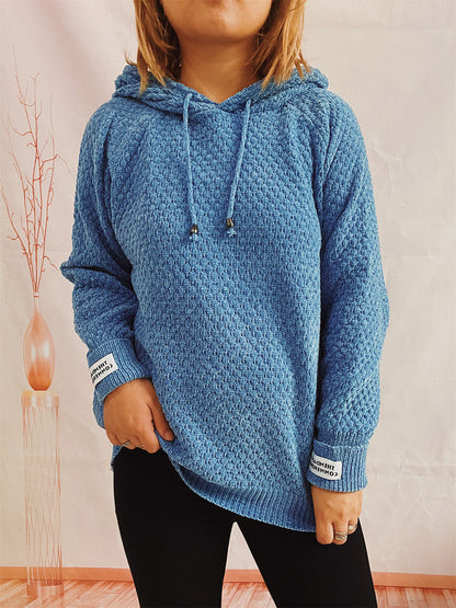 Drawstring Long Sleeve Hooded Sweater Sky Blue One Size