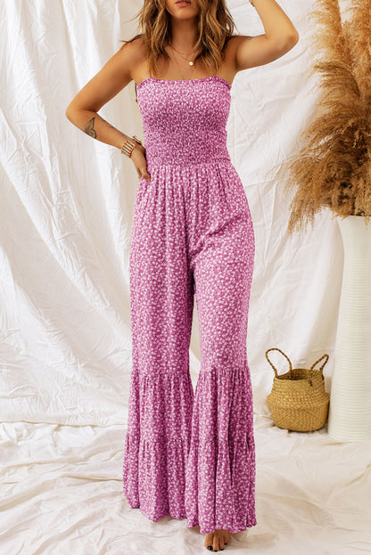 Smocked Printed Wide Strap Jumpsuit Hot Pink