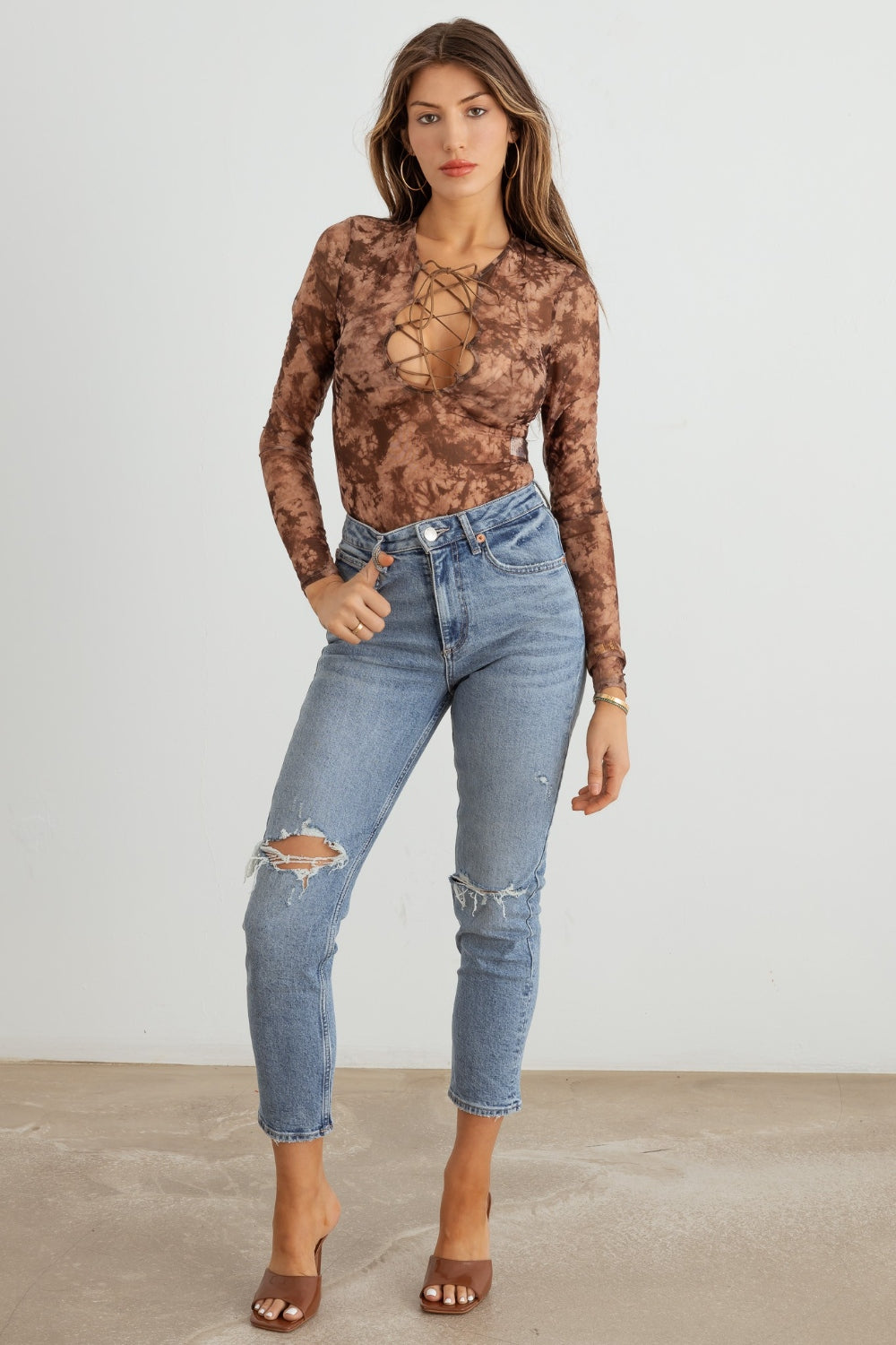 HERA COLLECTION Abstract Mesh Lace-Up Long Sleeve Bodysuit - Thandynie