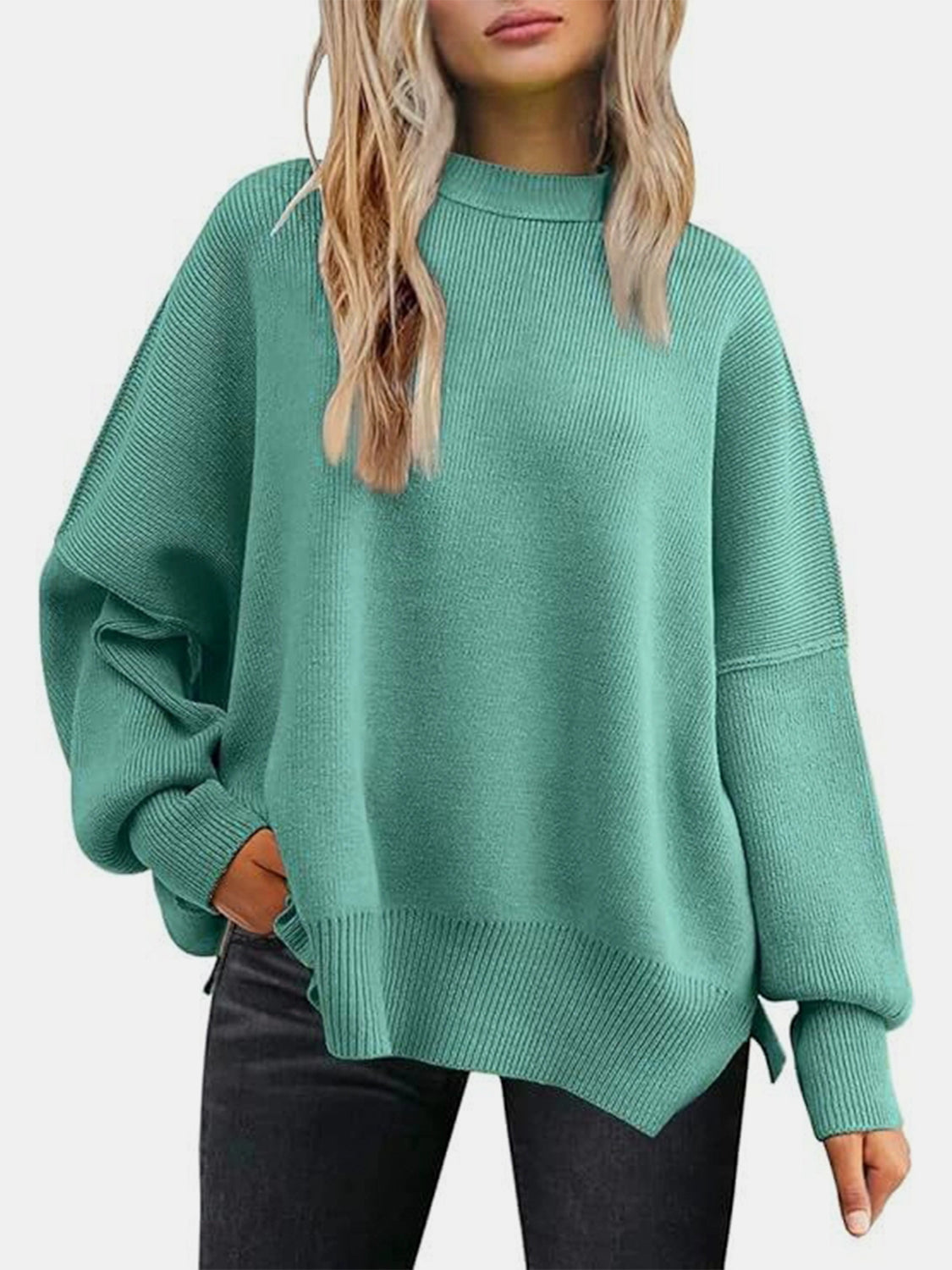 Round Neck Drop Shoulder Slit Sweater Turquoise