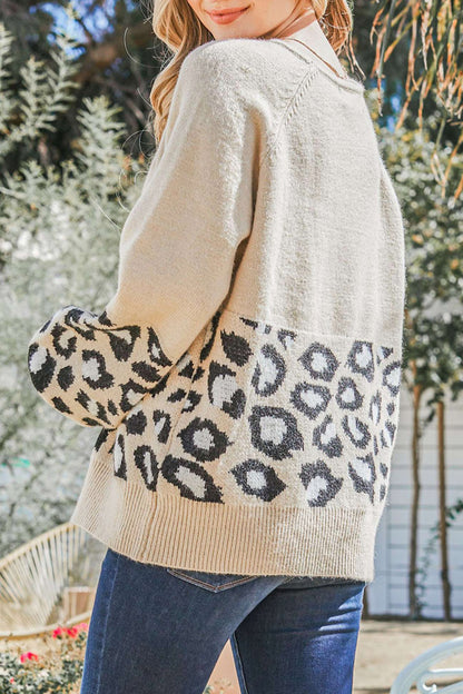 Round Neck Leopard Print Stitched Long-Sleeved Sweater