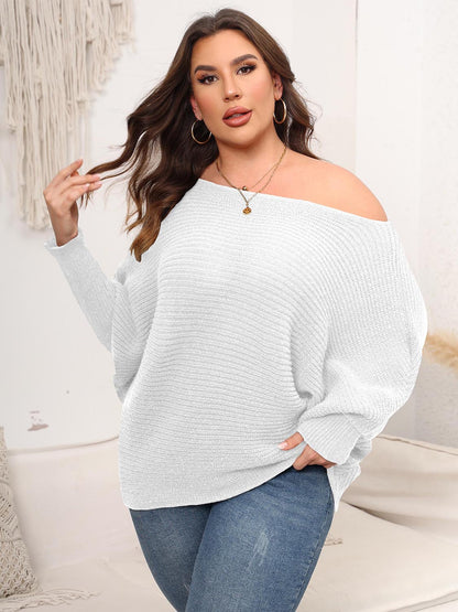 Full Size Boat Neck Batwing Sleeve Sweater White