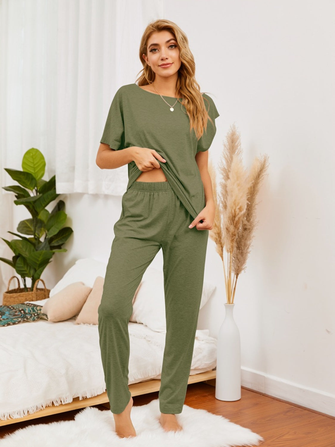 Boat Neck Top and Pants Lounge Set Matcha Green