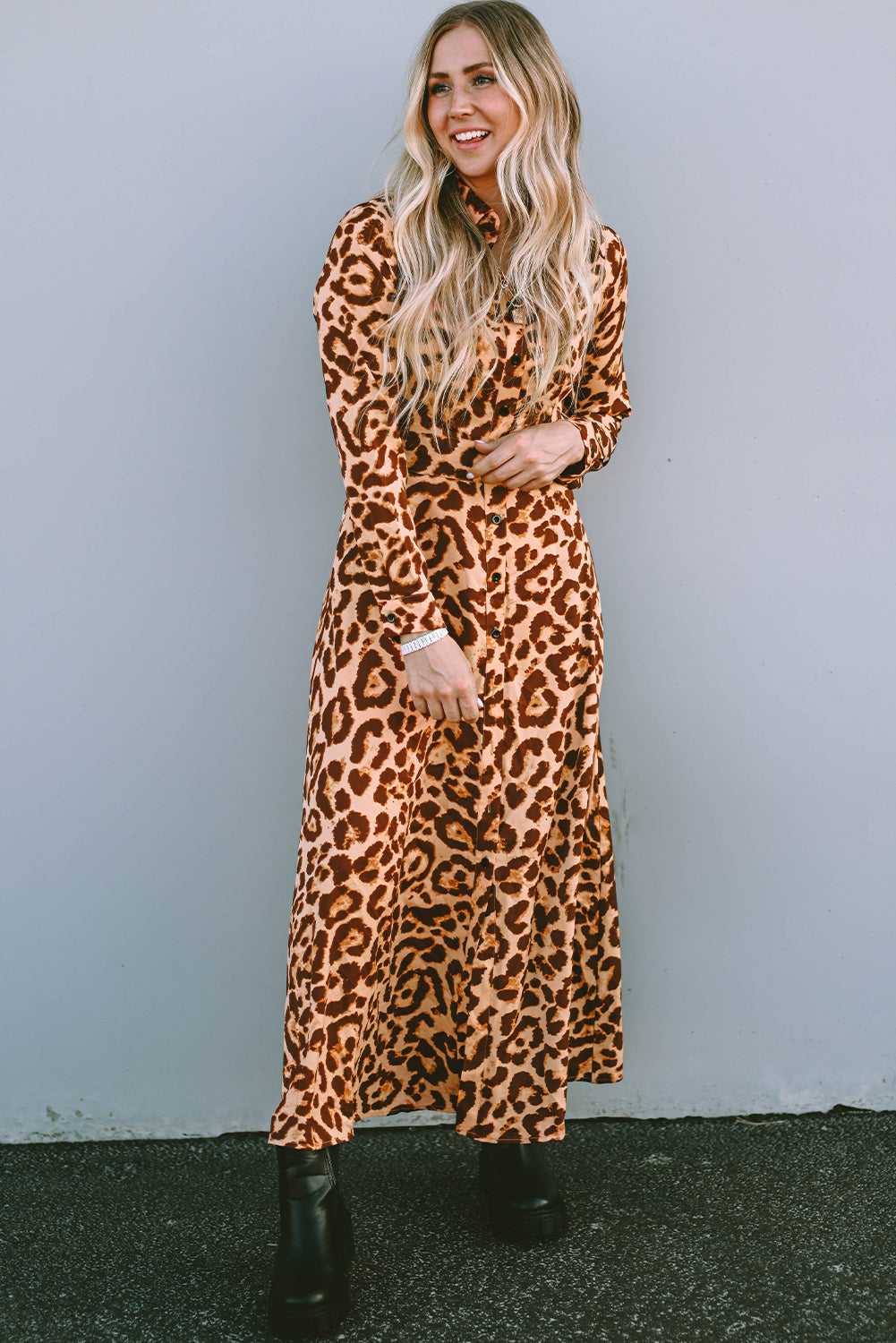 Leopard Button-Up Long Sleeve Maxi Dress Leopard 100%Polyester