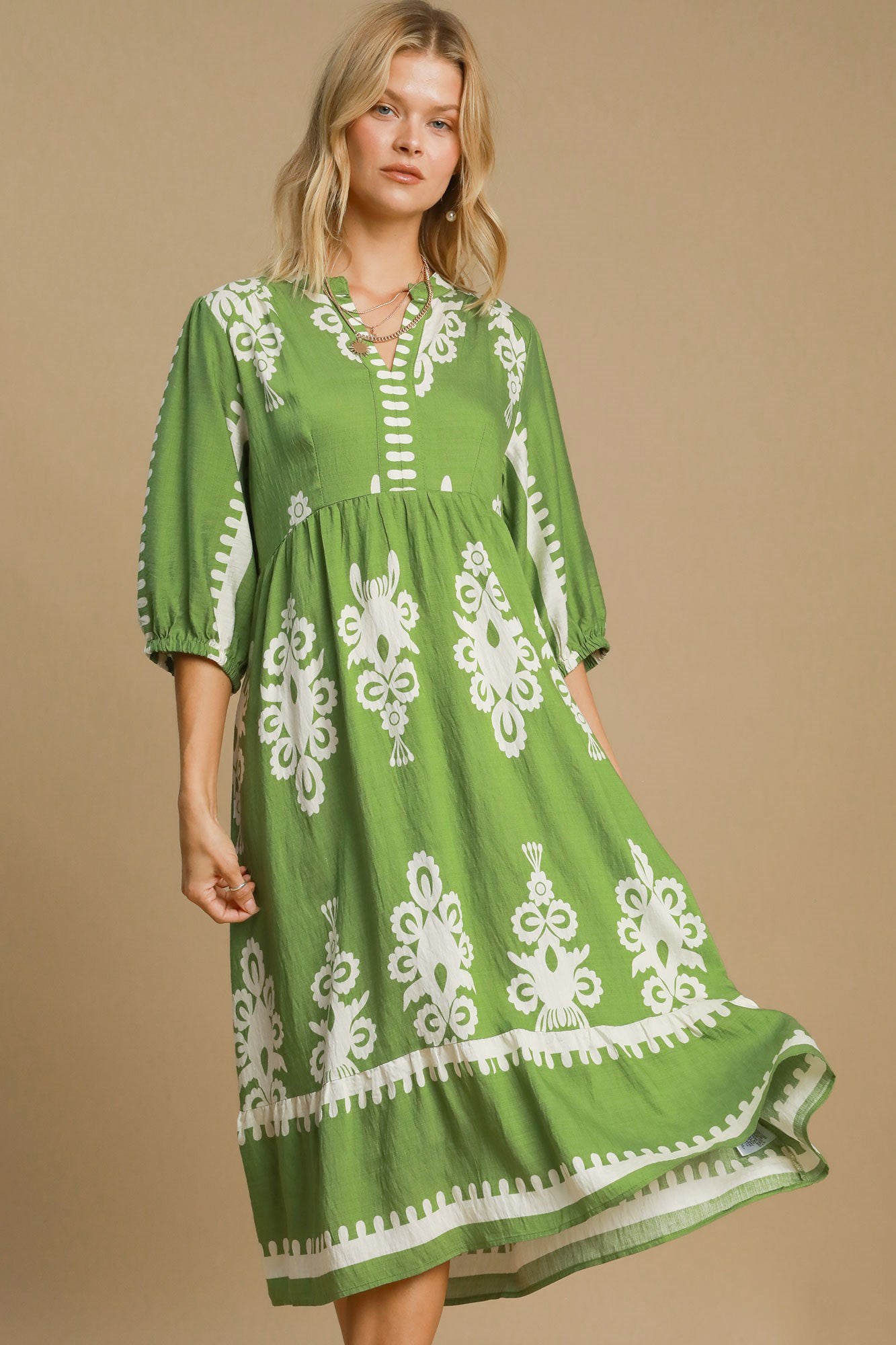 Umgee Printed Notched Midi Dress Lime