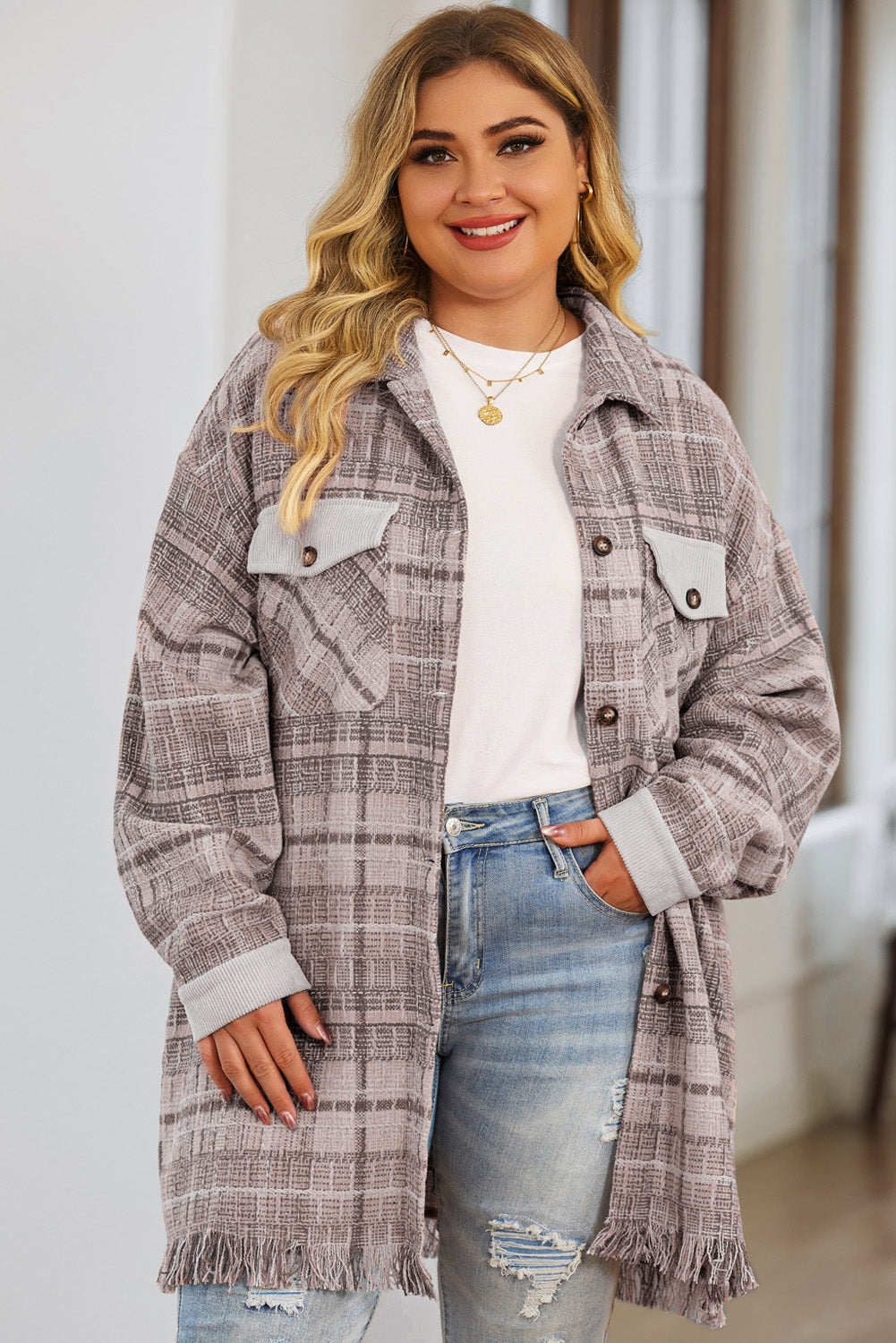 Pink Plus Size Macrame Plaid Coat