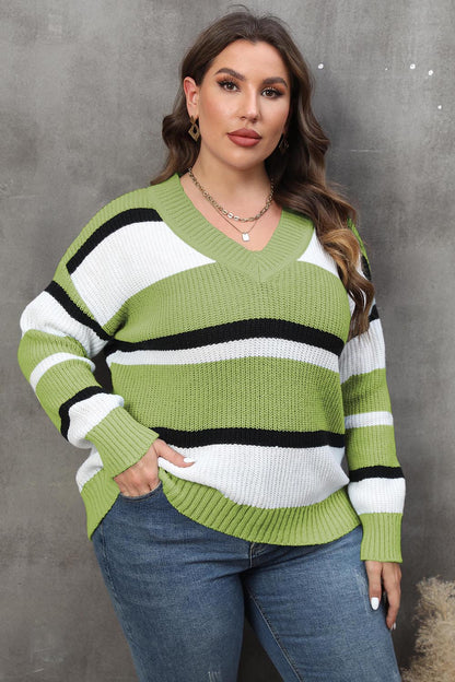 Plus Size Striped V-Neck Dropped Shoulder Sweater Mint Green