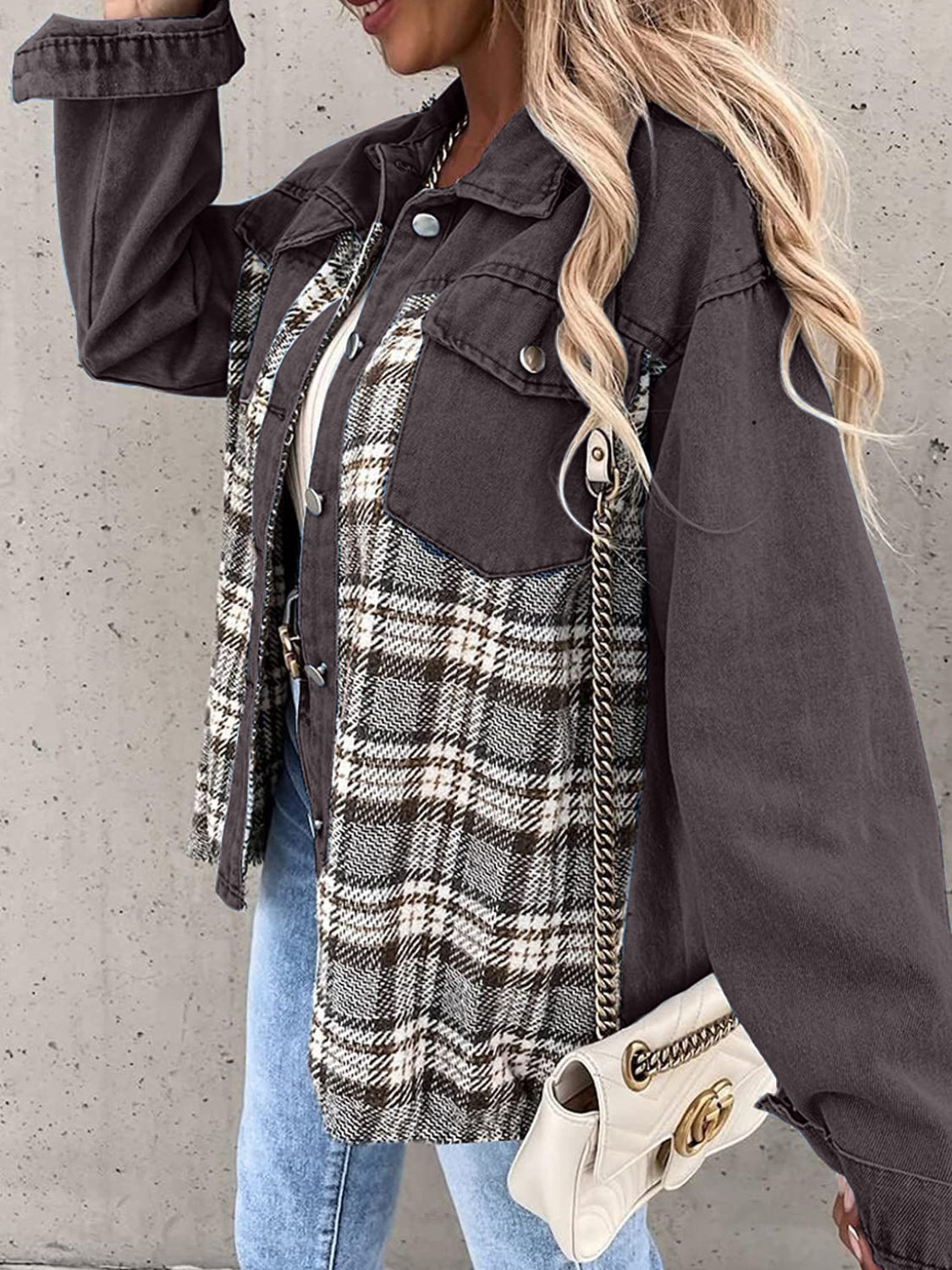 Plaid Button Up Dropped Shoulder Jacket - Thandynie