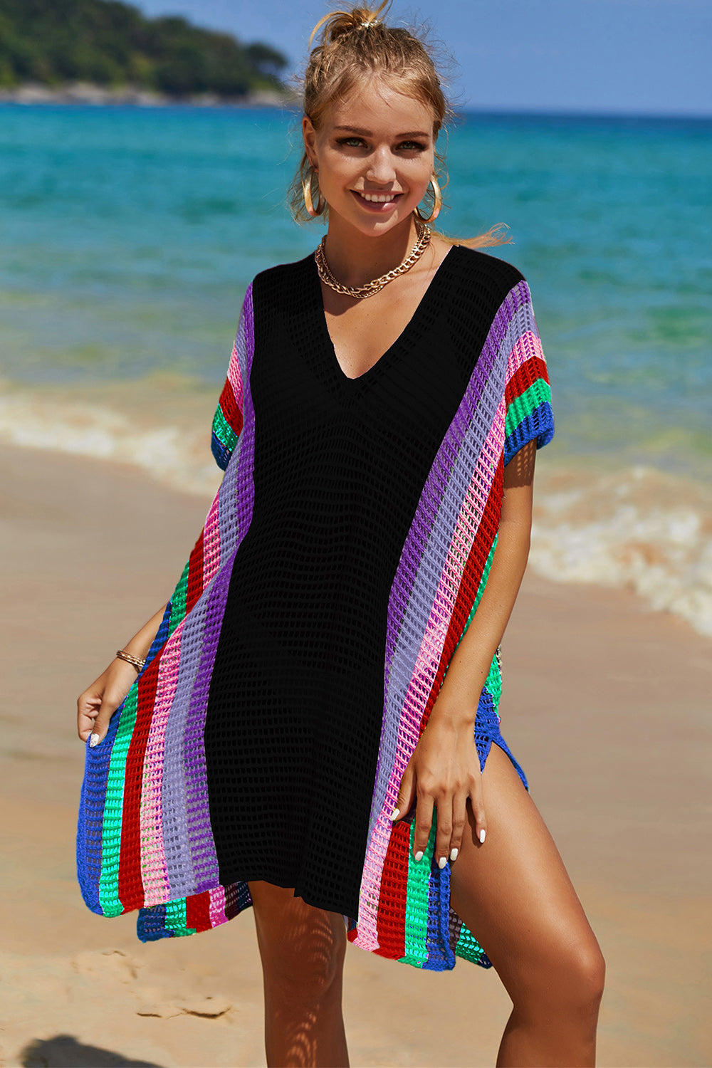 Openwork Striped Slit Knit Cover Up Black One Size