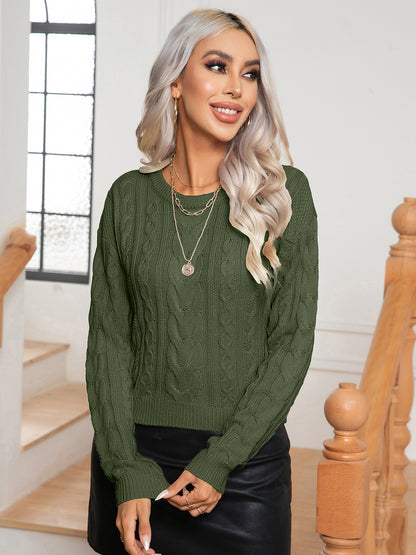 Cable-Knit Round Neck Long Sleeve Sweater Dark Green