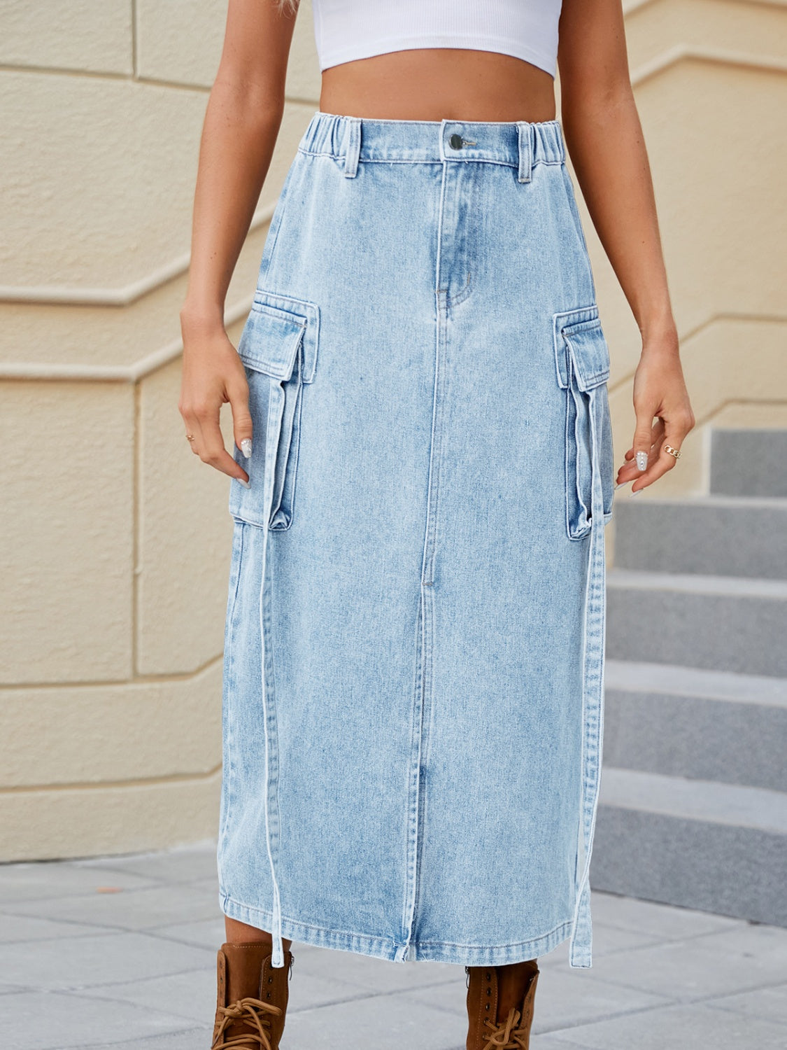 Slit Pocketed High Waist Denim Skirt Light Blue