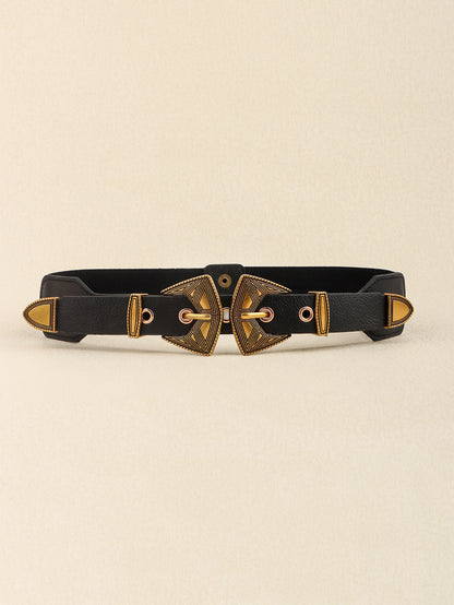 Double Buckle PU Leather Belt Gold Elasticated One Size