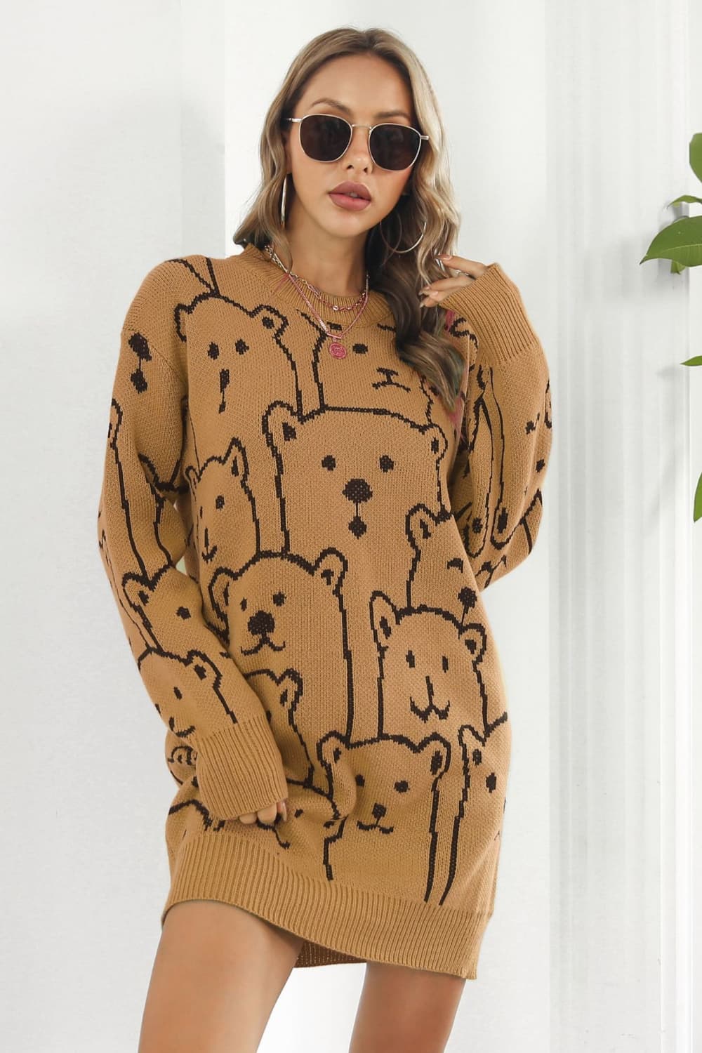 Bear Pattern Round Neck Sweater Dress Caramel