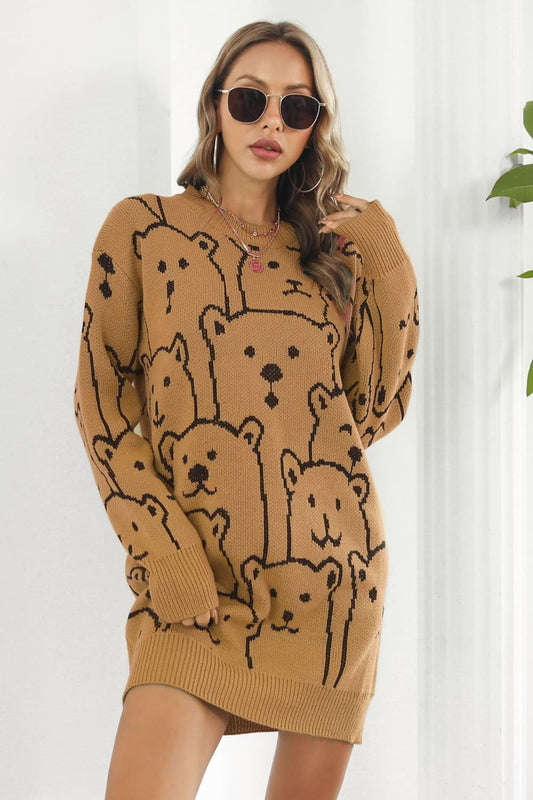 Bear Pattern Round Neck Sweater Dress Caramel