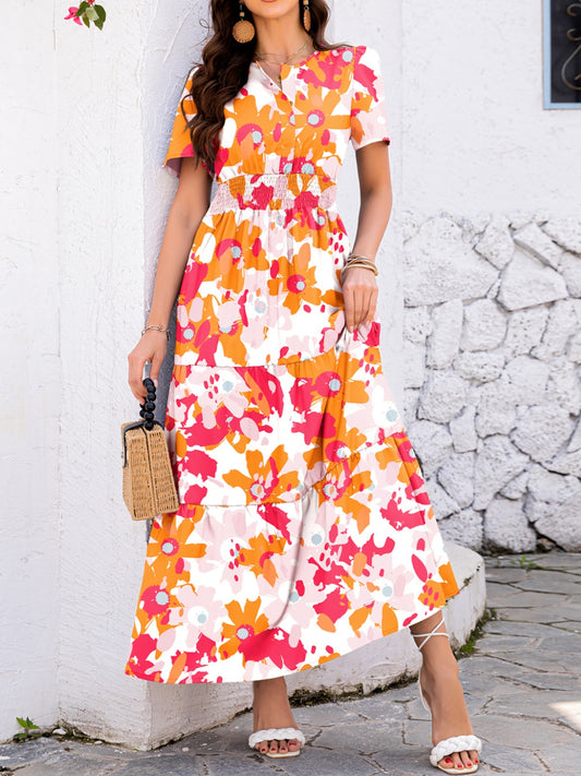 Smocked Printed Short Sleeve Midi Dress Sherbet