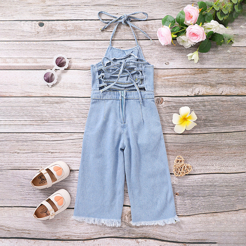 Girls Hollow-out Camisole Denim Jumpsuit