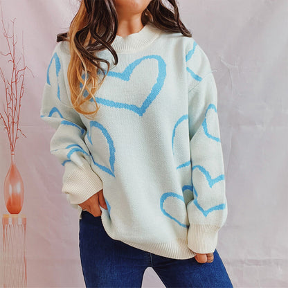 Heart Pattern Long Sleeve Sweater Pastel Blue