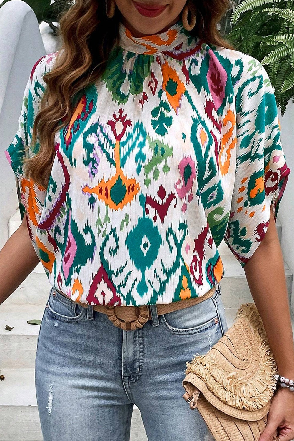 Printed Mock Neck Half Sleeve Blouse Dark Green