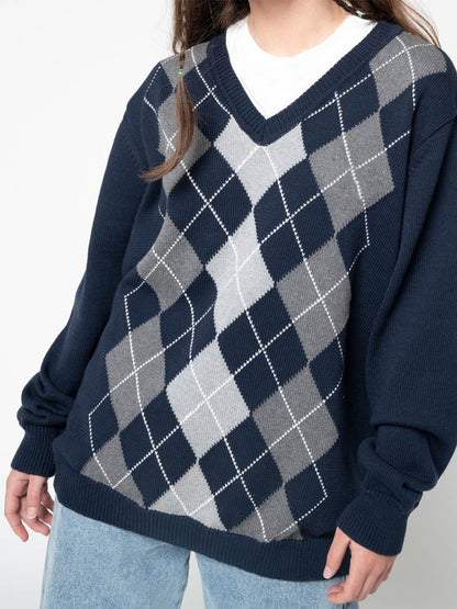 Geometric V-Neck Long Sleeve Sweater Dark Blue