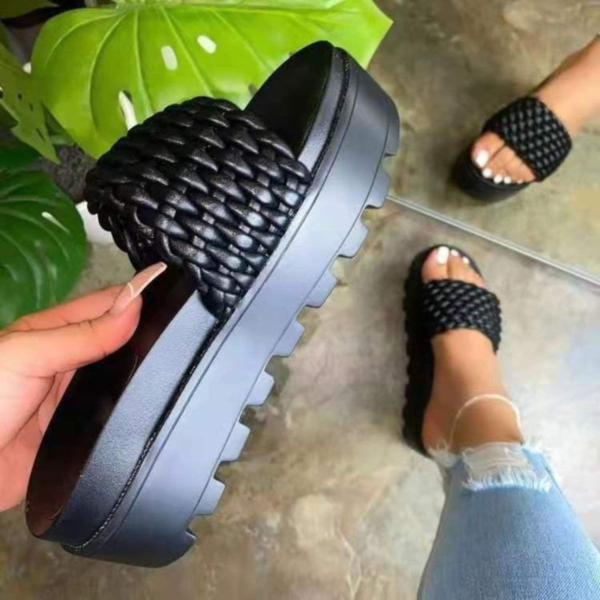 PU Leather Open Toe Platform Sandals Black