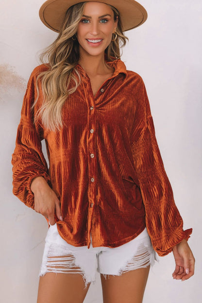 Button Up Collared Neck Drop Shoulder Velvet Shirt Caramel