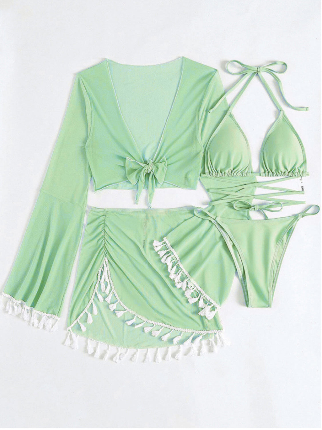 Halter Neck Bra, Bottom, Tassel Flare Sleeve Cover-Up and Skirt Four-Piece Swim Set - Thandynie