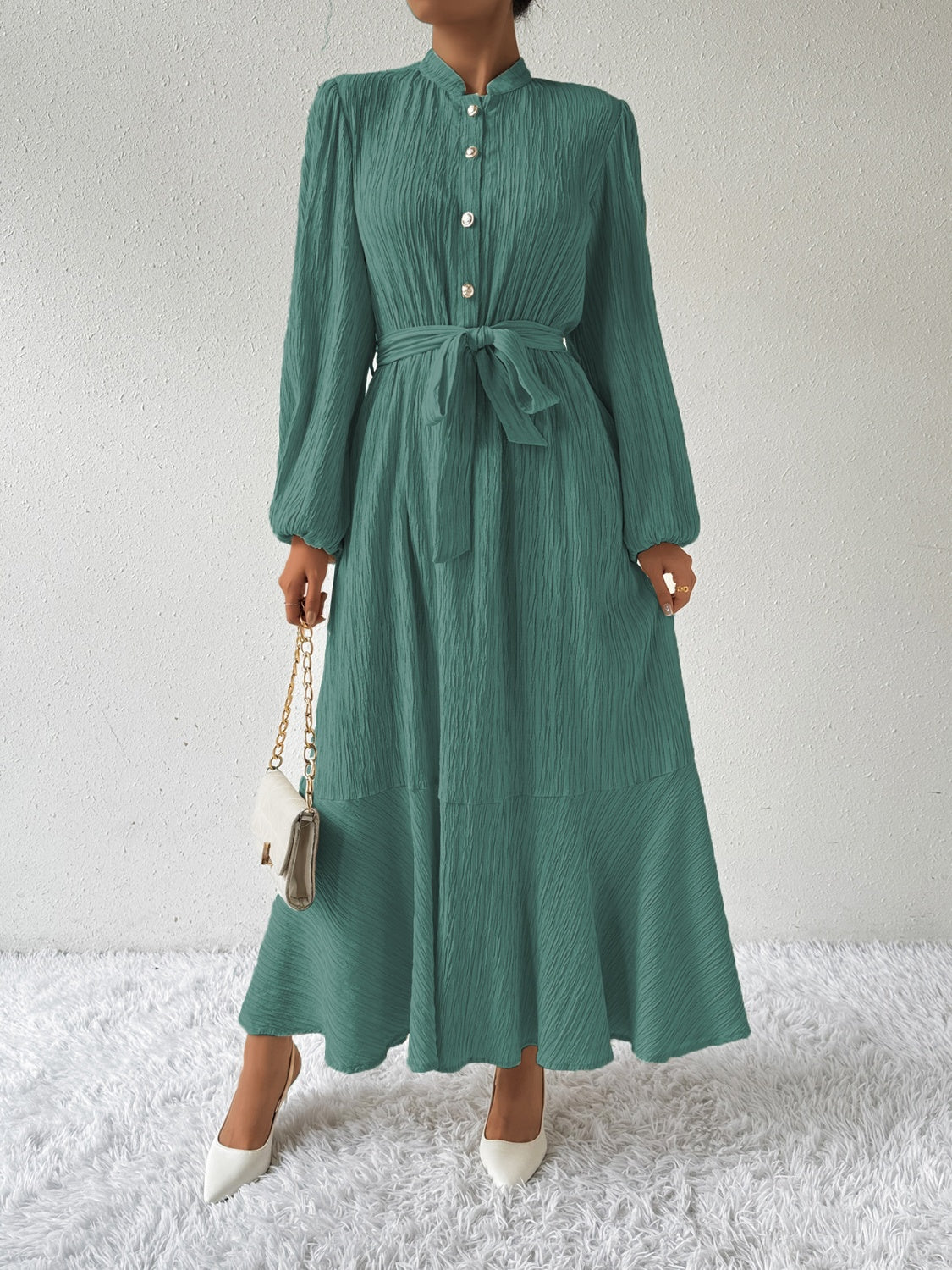 Tie Waist Long Sleeve Dress - Thandynie