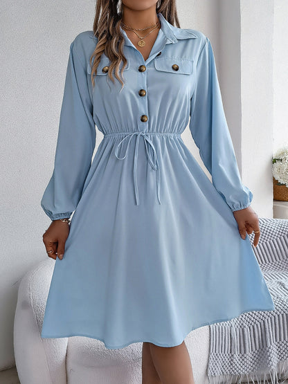 Collared Neck Long Sleeve Dress with Pockets Light Blue