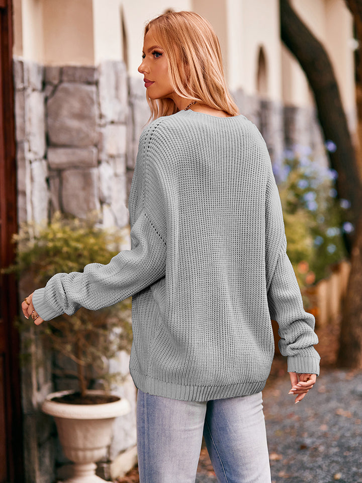 Waffle-Knit Long Sleeve Sweater with Pocket - Round Neck & Fashionable