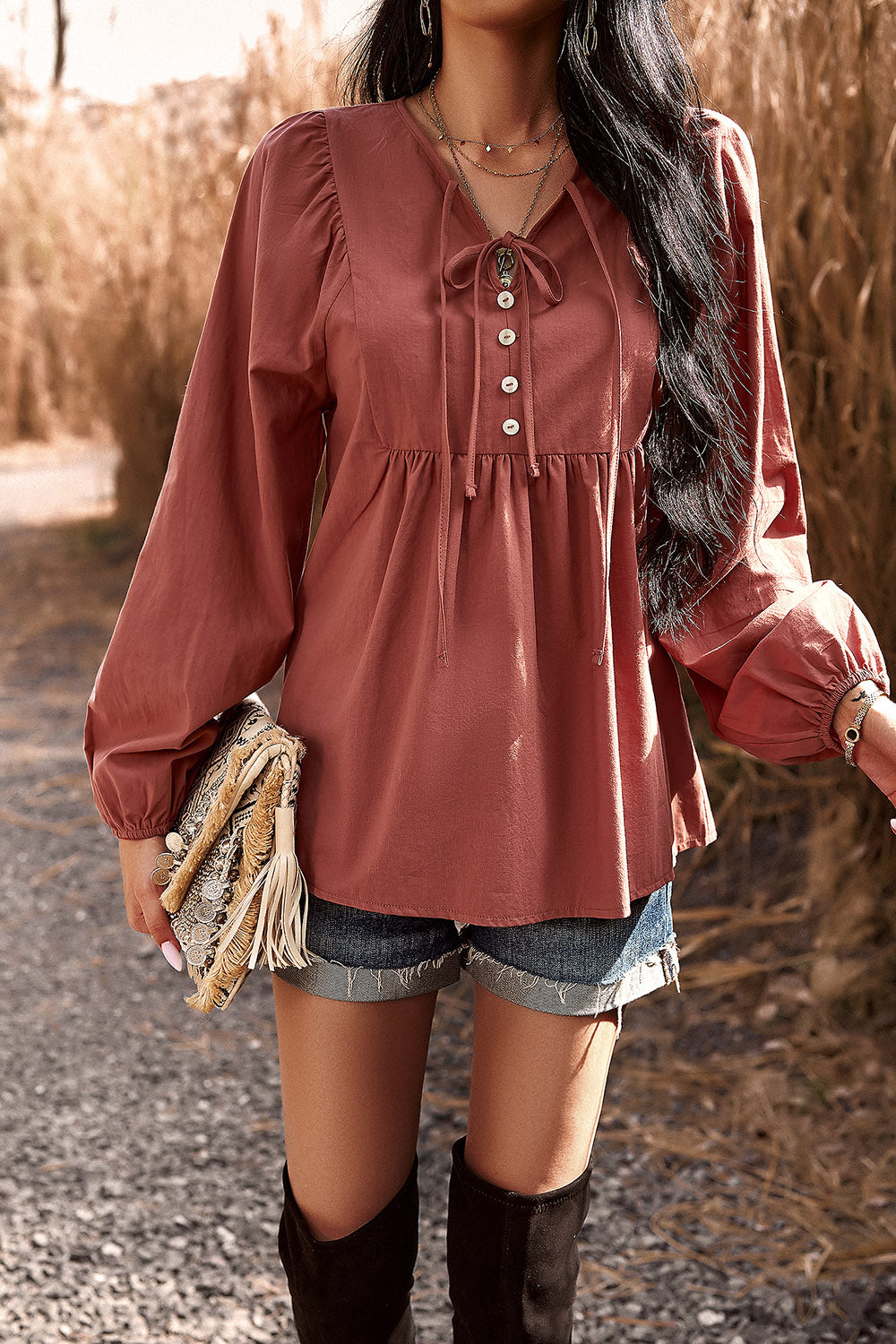 Tied Decorative Button Balloon Sleeve Blouse Rust