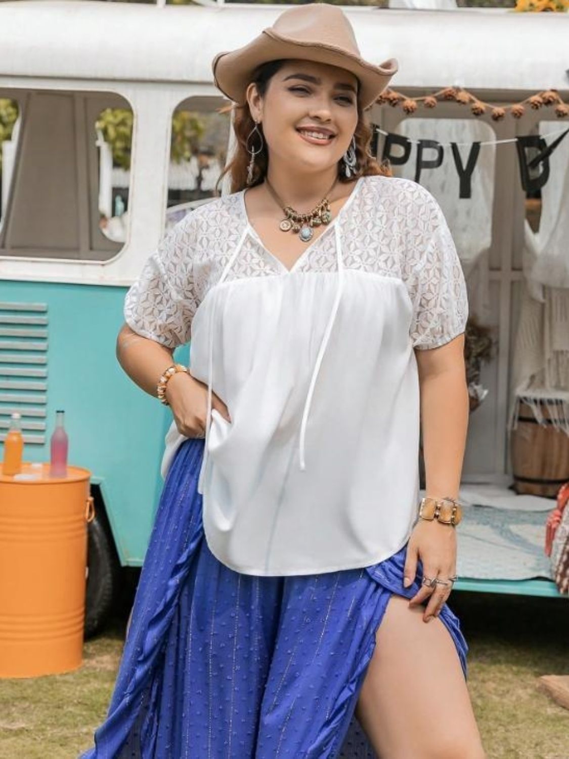 Plus Size Tie Neck Short Sleeve Blouse