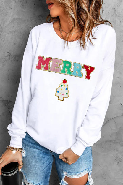 MERRY Round Neck Long Sleeve Sweatshirt White