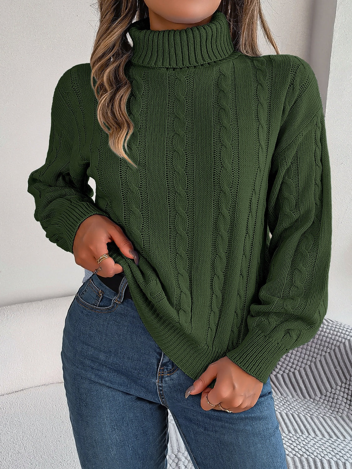 Cable-Knit Turtleneck Dropped Shoulder Sweater Dark Green