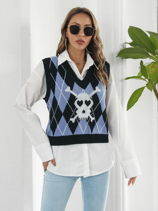 Skull Geometric V-Neck Sweater Vest Black