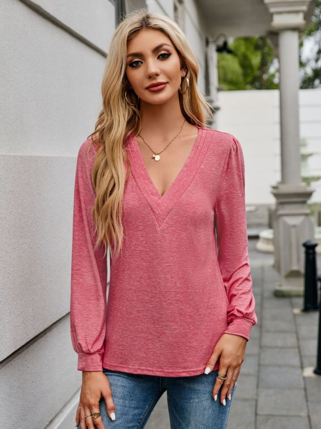 V-Neck Long Sleeve T-Shirt Strawberry