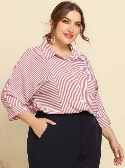 Plus Size Striped Three-Quarter Sleeve Shirt