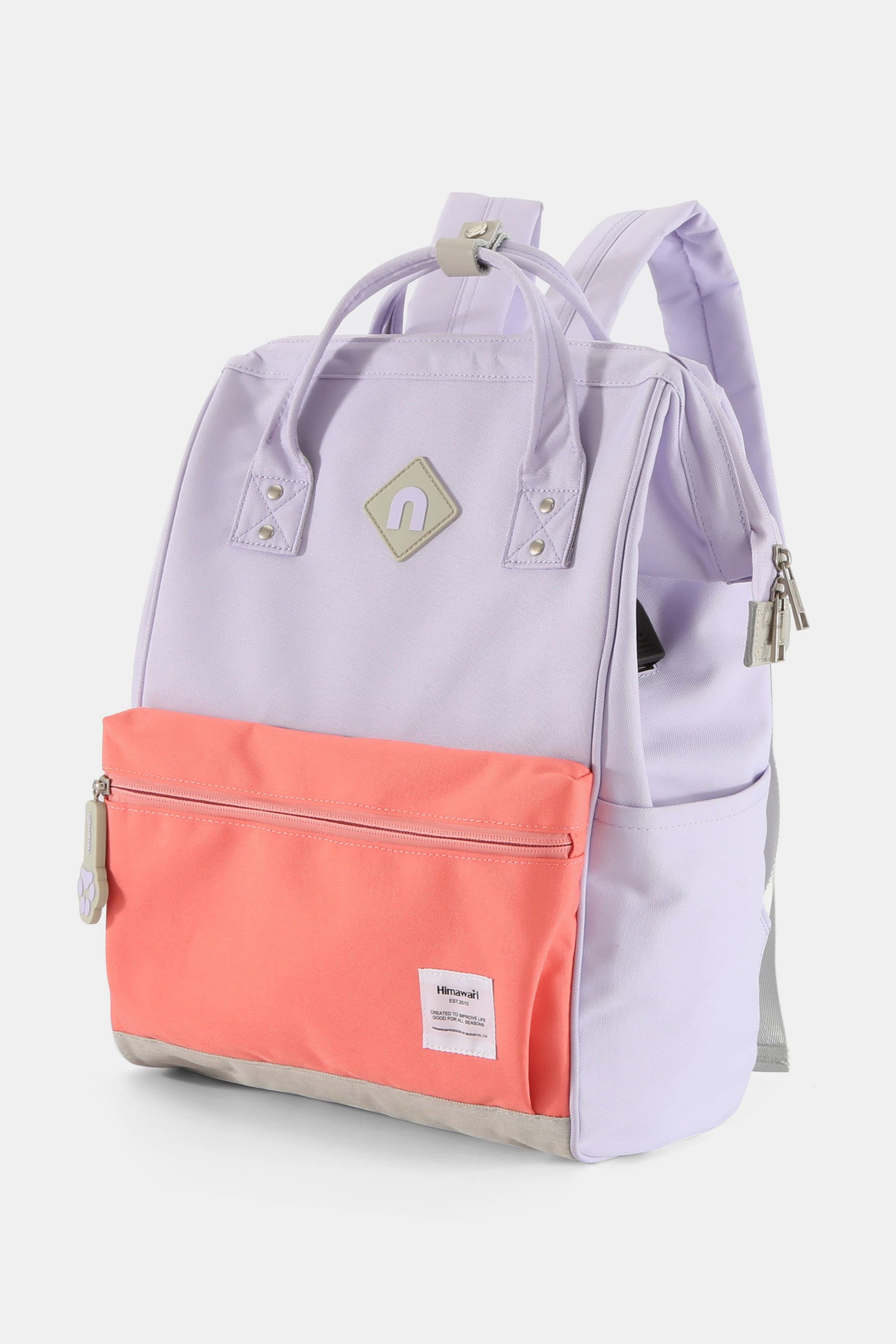 Himawari Contrast Waterproof Backpack Bag with External USB Port Lavender Coral One Size