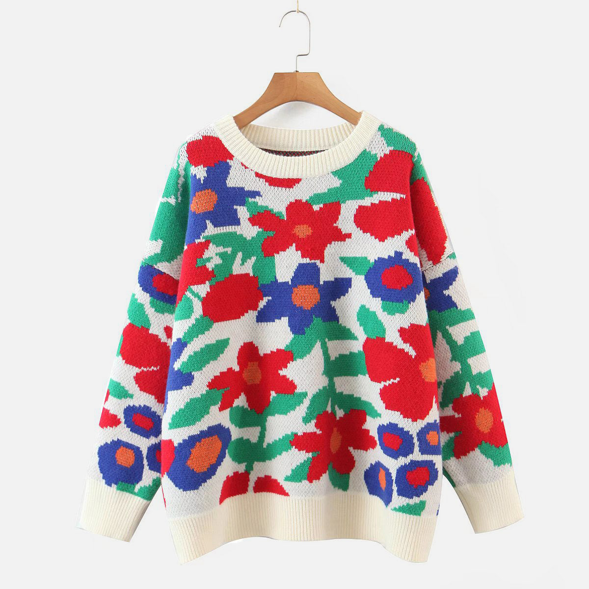 Floral Round Neck Drop Shoulder Sweater White