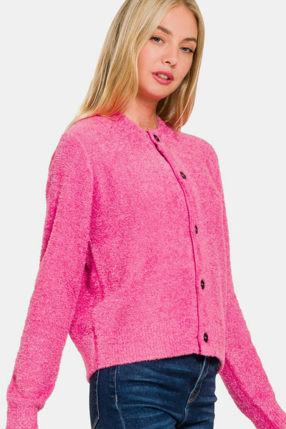 Zenana Button Down Long Sleeve Sweater Cardigan Fuchsia