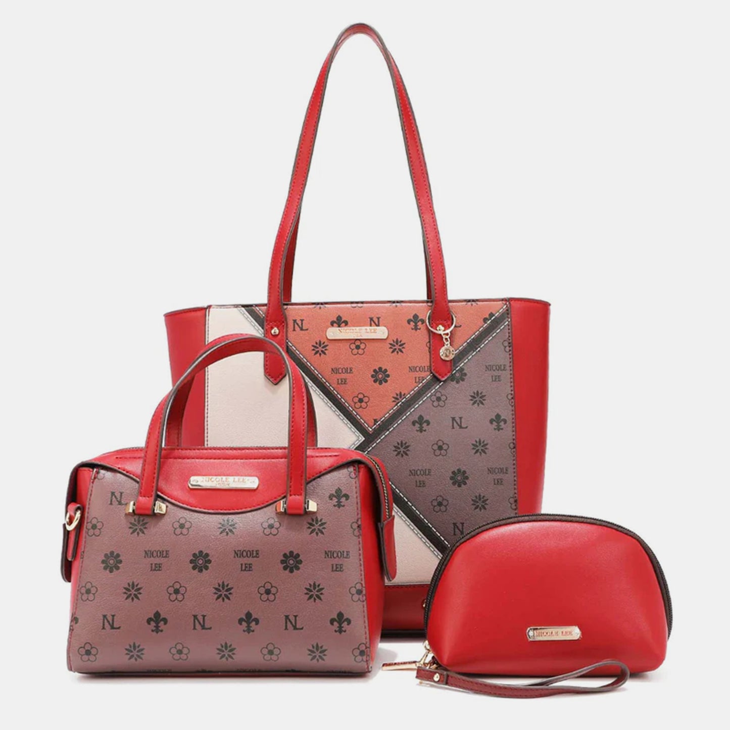 Nicole Lee USA 3-Piece Color Block Handbag Set RED One Size