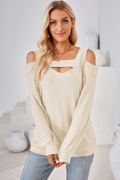 Cutout Square Neck Cold Shoulder T-Shirt Cream