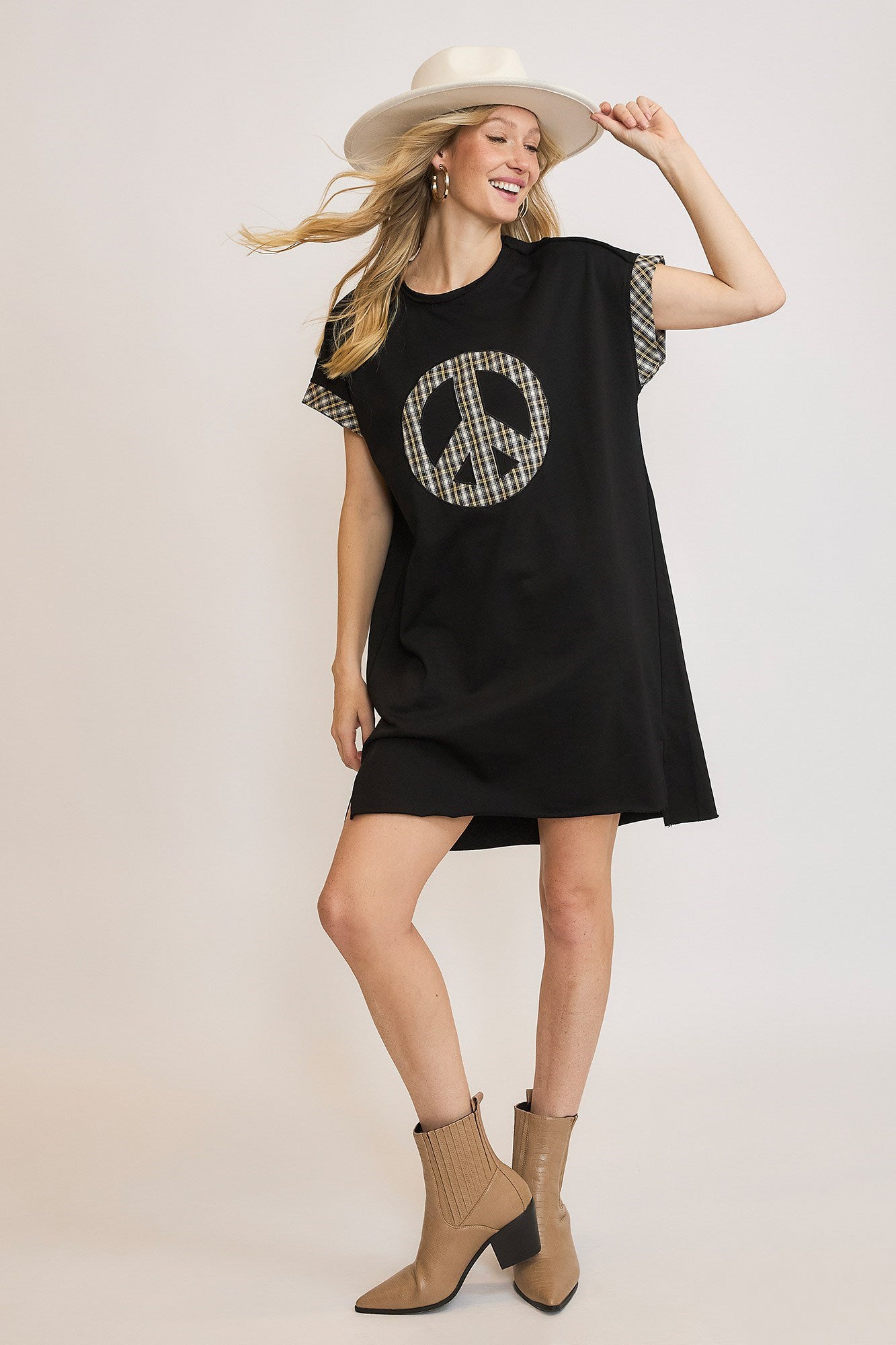 Umgee Peace Plaid Applique Short Sleeve Mini Dress Black