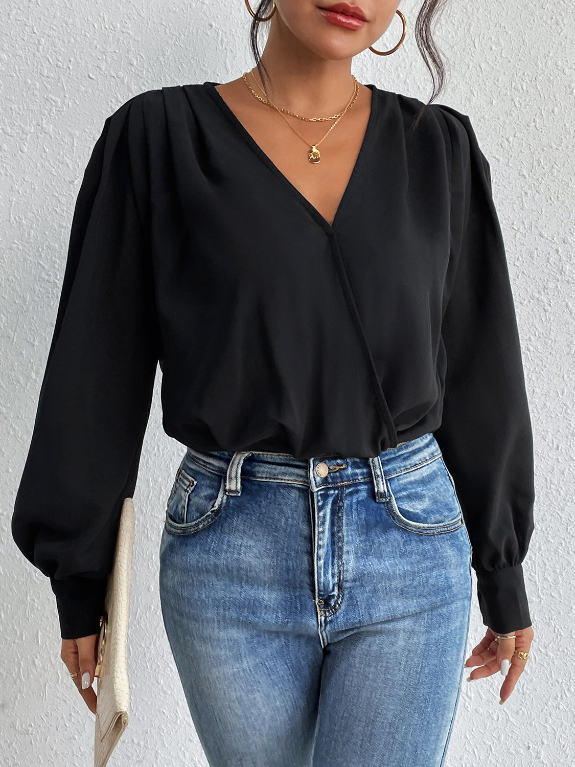 Surplice Ruched Long Sleeve Bodysuit - Thandynie