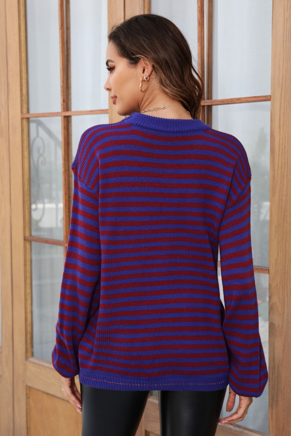 Striped Round Neck Dropped Shoulder Sweater