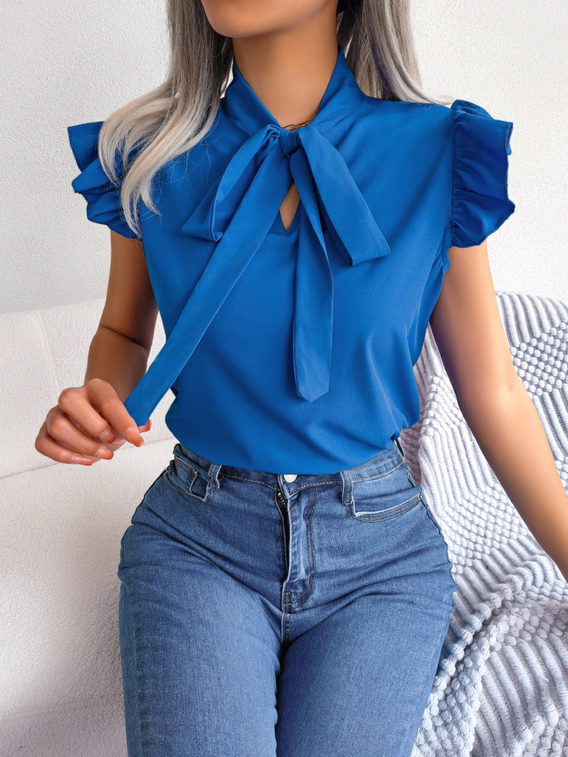 Tie Neck Cap Sleeve Blouse - Thandynie