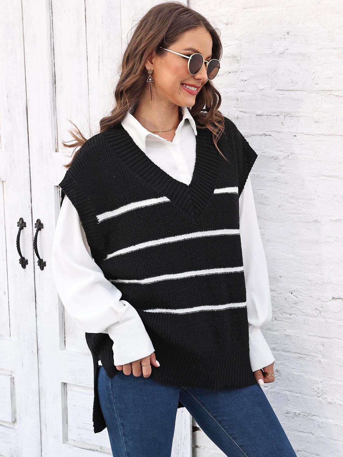 Striped V-Neck Sweater Vest