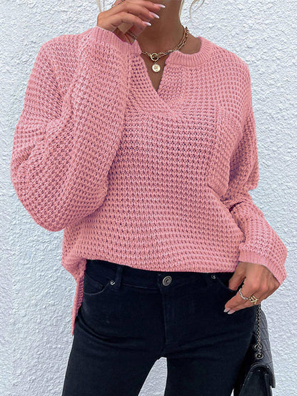 Notched Long Sleeve Sweater Dusty Pink